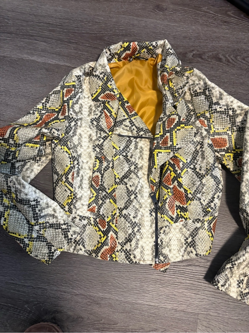 Cropped Snake-Print Leather Moto Jacket with Yellow Accents